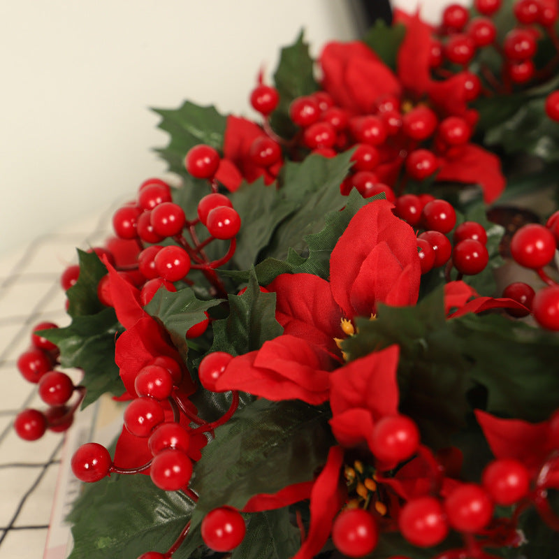 Green Trident Leaves & Red Flowers Christmas Wreath – 50CM Modern Decoration | Pixel & Parcel Co.