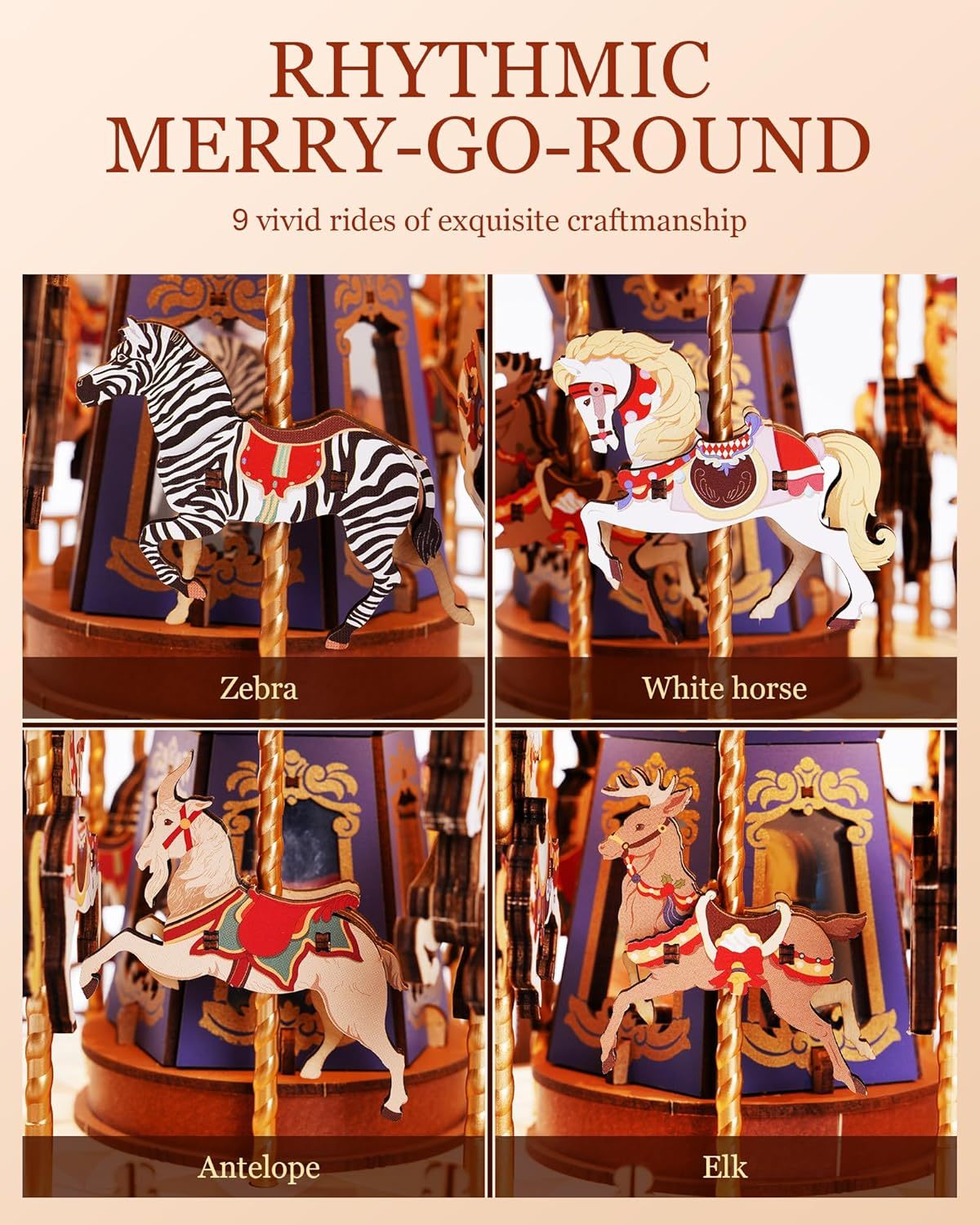ROBOTIME 3D Wooden Puzzle – Classic Carousel Music Box with LED Lights, Model Kit for Adults