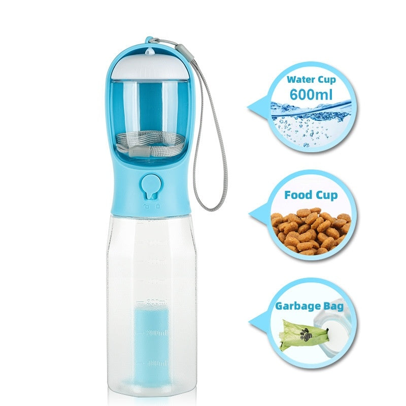 Portable 3-in-1 Pet Water Bottle & Food Feeder with Poop Bag Dispenser – Leak-Proof Dog & Cat Travel Bottle