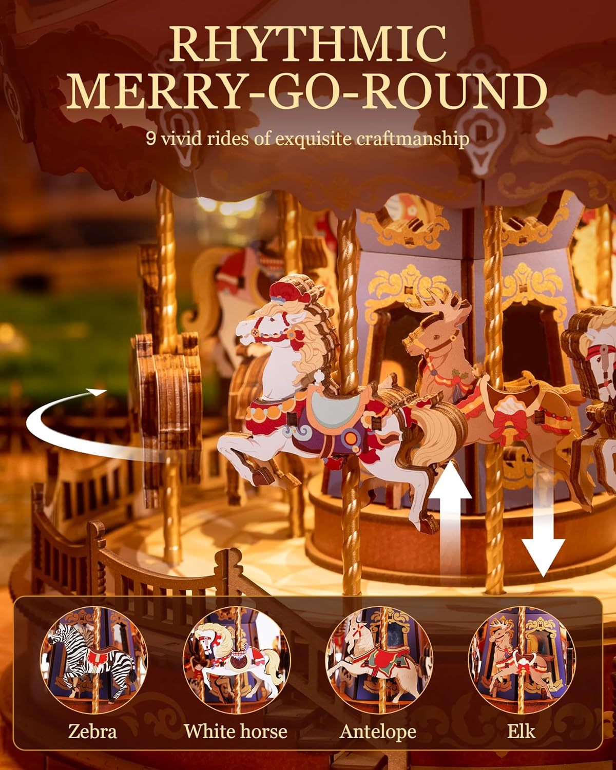 ROBOTIME 3D Wooden Puzzle – Classic Carousel Music Box with LED Lights, Model Kit for Adults
