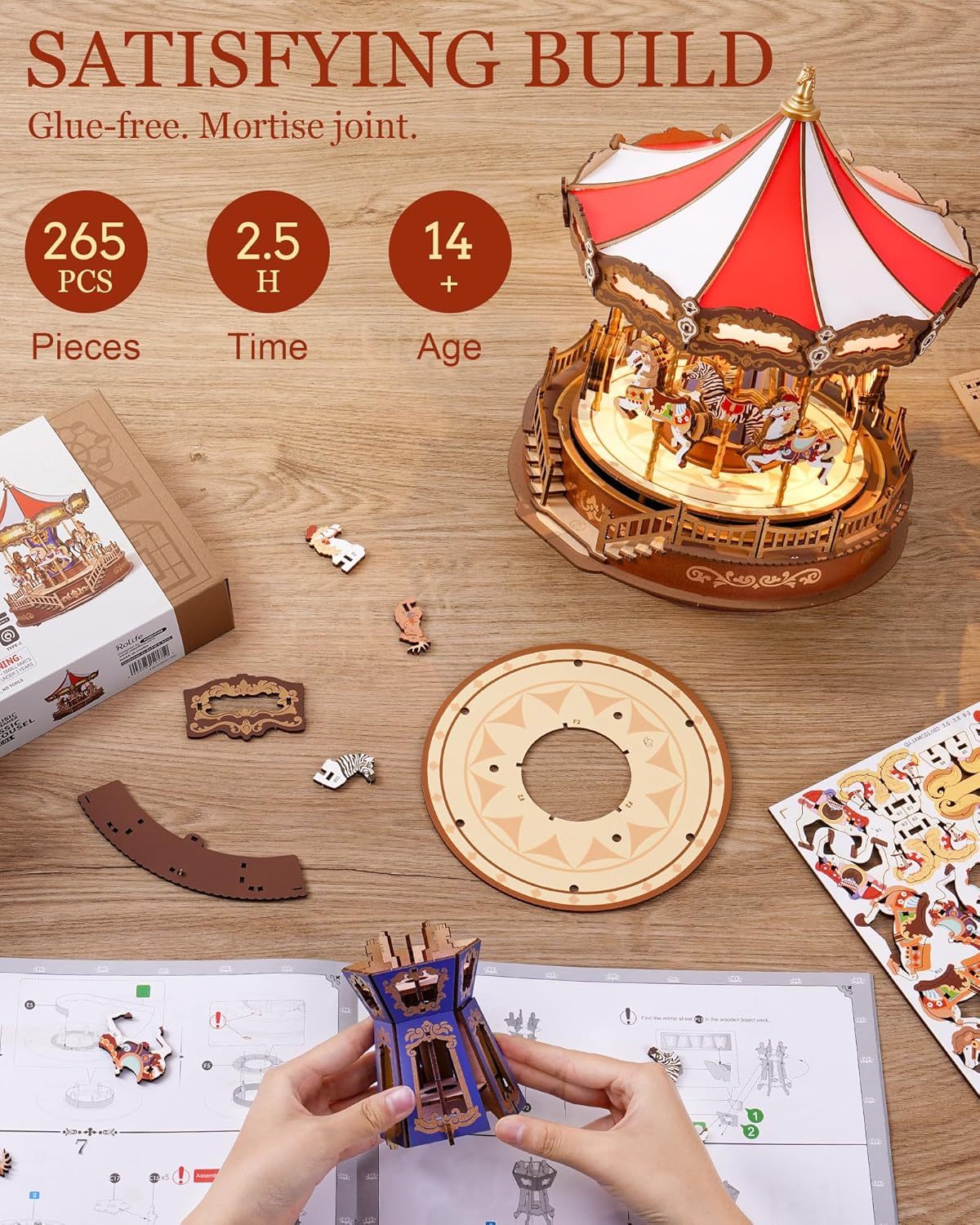 ROBOTIME 3D Wooden Puzzle – Classic Carousel Music Box with LED Lights, Model Kit for Adults