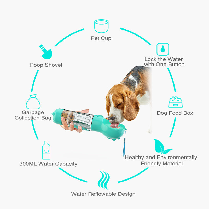 3-in-1 Portable Pet Water Bottle – Feeder Bowl & Garbage Bag Storage for Outdoor Travel