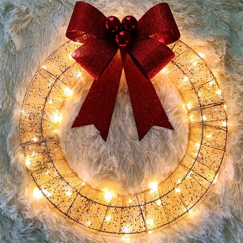 Christmas Garland 50cm LED Luminous Wreath with Warm Lights & Big Bowknot