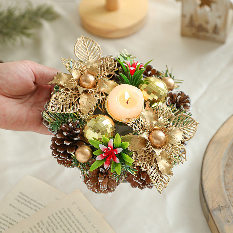 Christmas Candle Metal Candlestick Wreath with Artificial Pinecones & Leaves