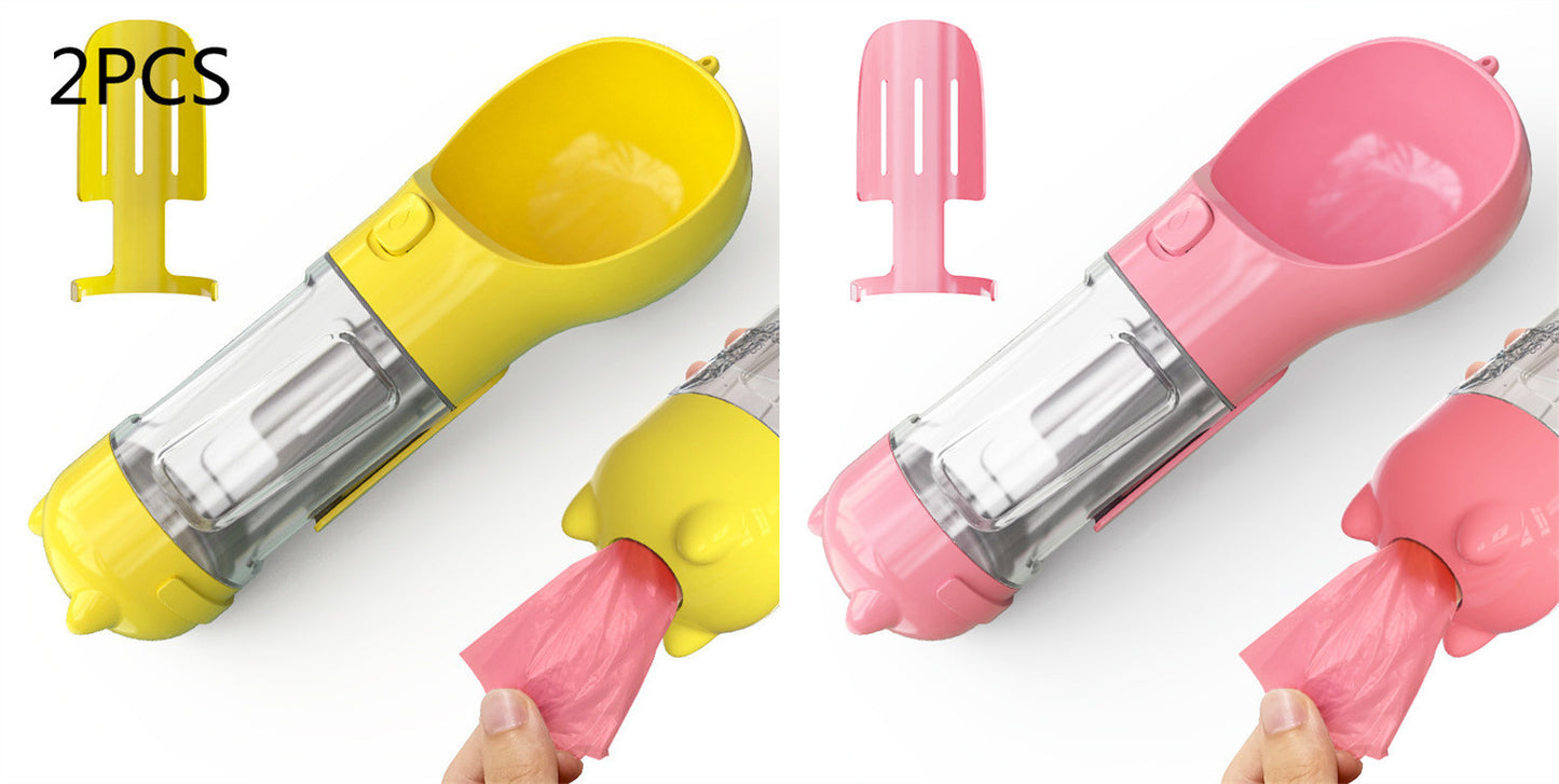 3-in-1 Portable Pet Water Bottle – Feeder Bowl & Garbage Bag Storage for Outdoor Travel