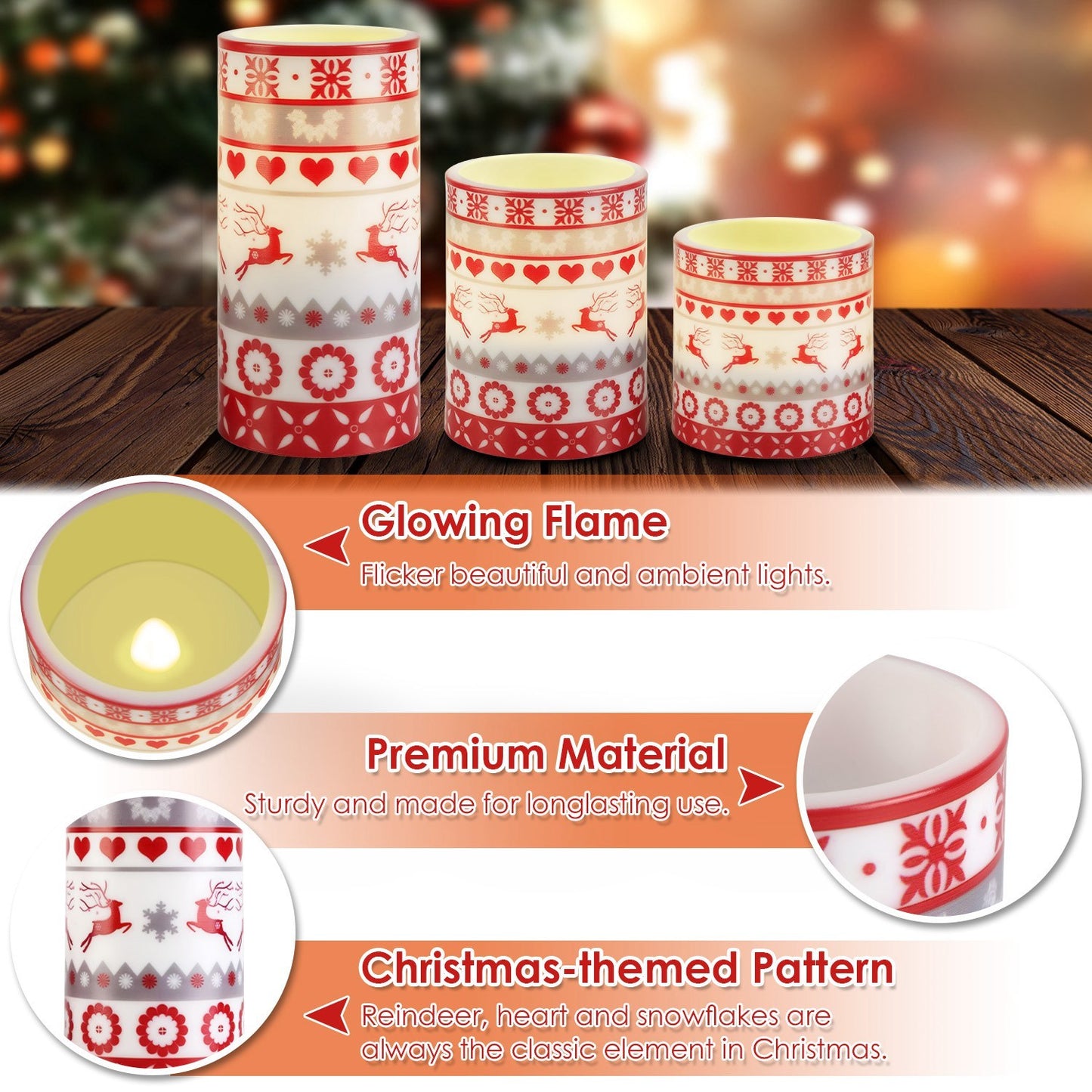 3 Pack Christmas Flameless LED Candles – Deer Print Flickering Pillar Lights with Timer & Remote