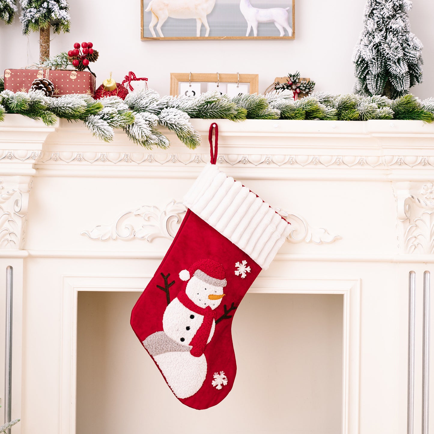 Gold Velvet Patch Christmas Stockings – Festive Cloth Holiday Decorations (Santa, Snowman, Dwarf)