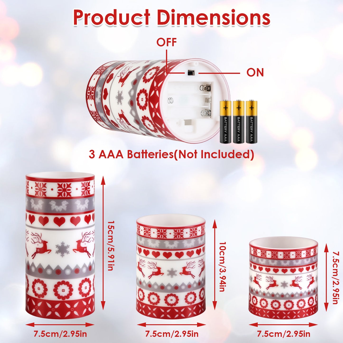 3 Pack Christmas Flameless LED Candles – Deer Print Flickering Pillar Lights with Timer & Remote