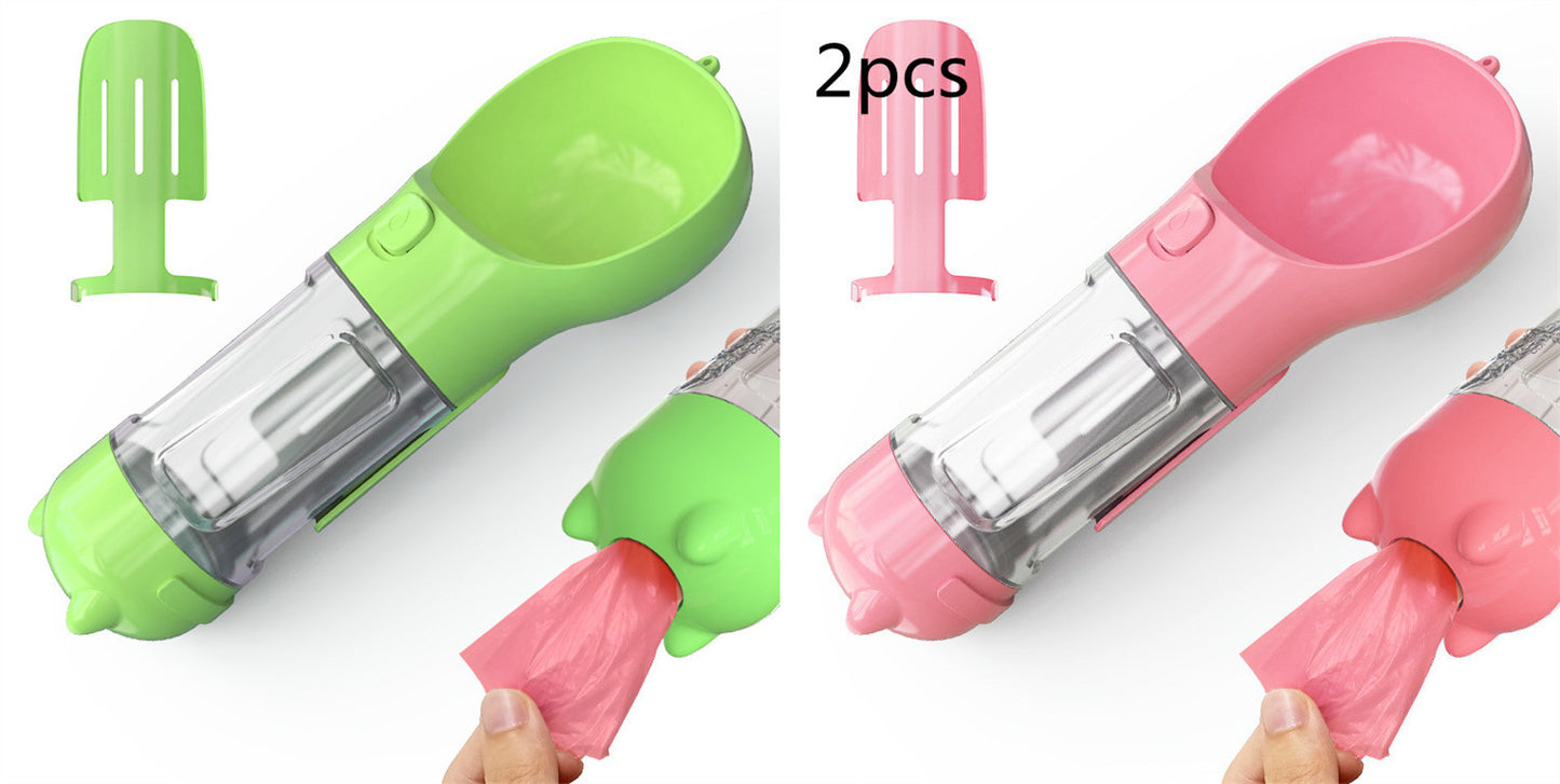 3-in-1 Portable Pet Water Bottle – Feeder Bowl & Garbage Bag Storage for Outdoor Travel