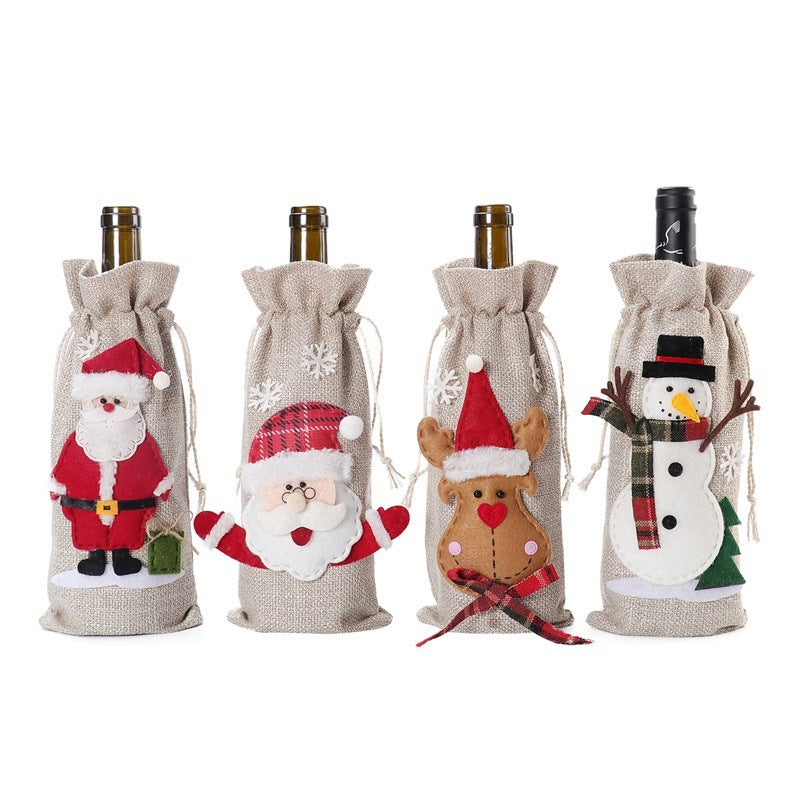 Christmas Wine Bottle Covers – 4PCS Linen Holiday Decoration Bags (Santa, Deer, Snowman)