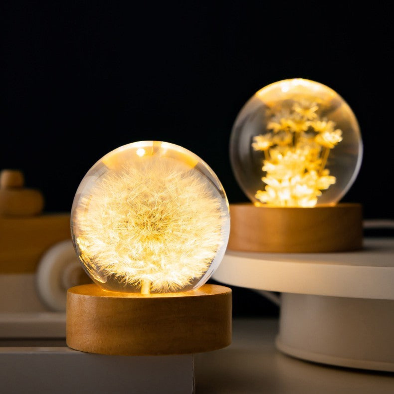 3D Luminous Dandelion Crystal Ball – Wooden Stand | Christmas Gift