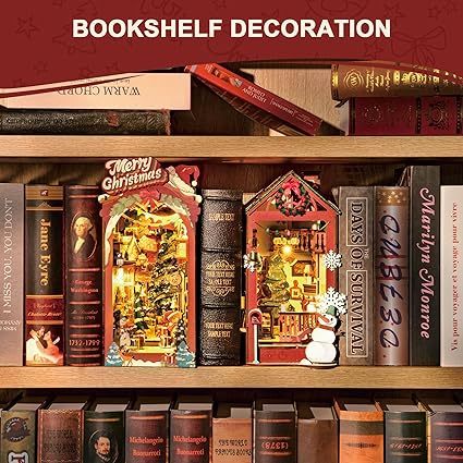 Robotime DIY Miniature Book Nook – Christmas Street Wooden Shelf Insert with LED Lights