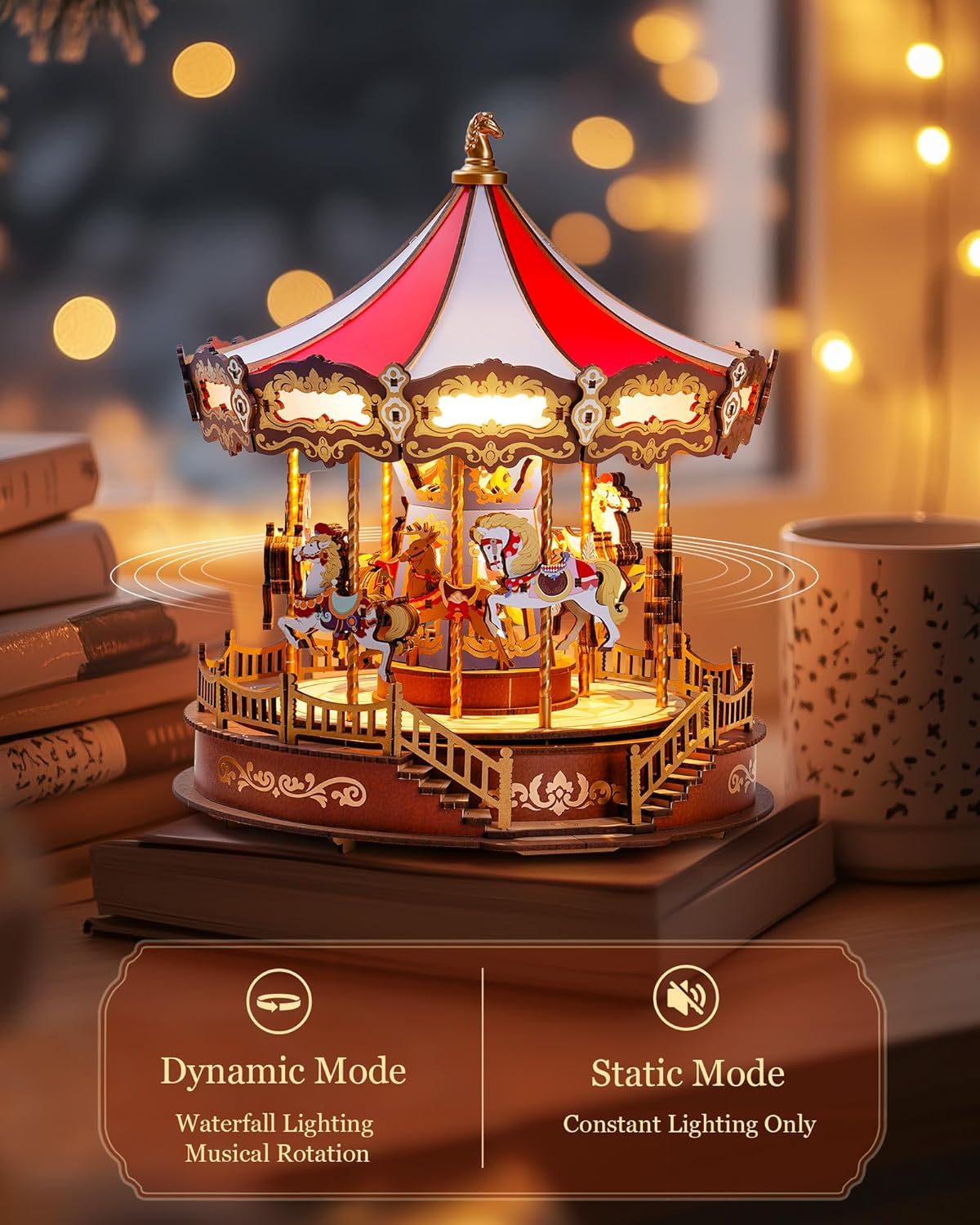 ROBOTIME 3D Wooden Puzzle – Classic Carousel Music Box with LED Lights, Model Kit for Adults