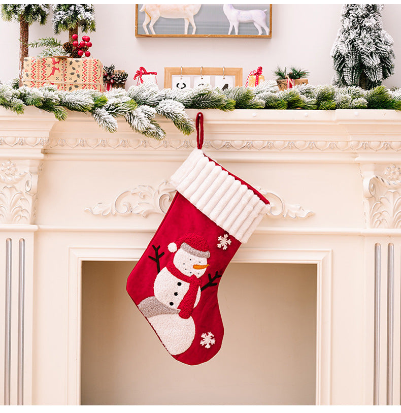 Gold Velvet Patch Christmas Stockings – Festive Cloth Holiday Decorations (Santa, Snowman, Dwarf)
