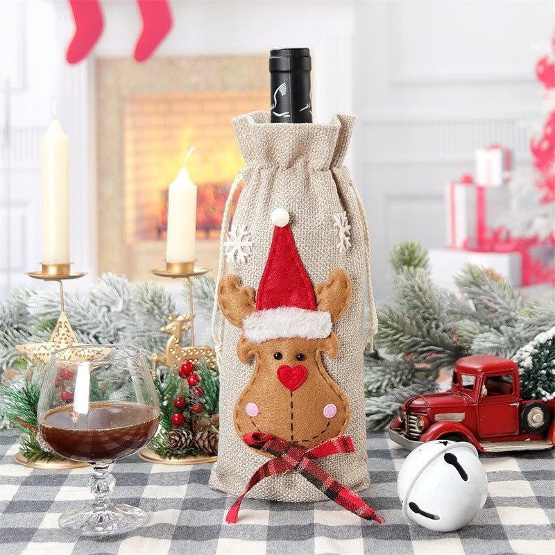 Christmas Wine Bottle Covers – 4PCS Linen Holiday Decoration Bags (Santa, Deer, Snowman)
