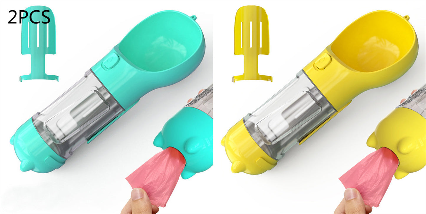 3-in-1 Portable Pet Water Bottle – Feeder Bowl & Garbage Bag Storage for Outdoor Travel