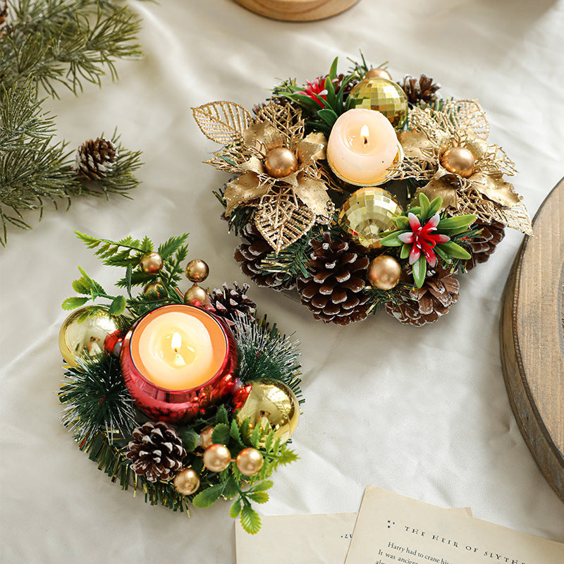 Christmas Candle Metal Candlestick Wreath with Artificial Pinecones & Leaves
