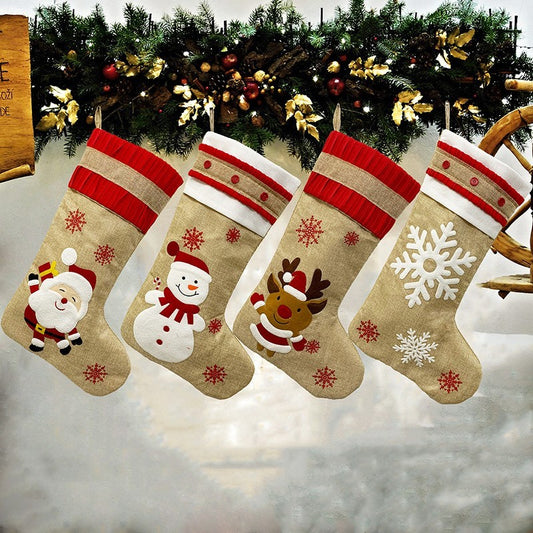 Snowman, Santa, Deer & Snowflake Linen Christmas Stockings – Handcrafted Holiday Décor