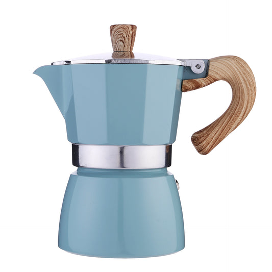 Italian octagonal aluminium moka coffee pot set on a kitchen counter

Close-up of filter basket and top chamber of moka pot

Stovetop espresso maker pouring into matching espresso cups

European-style moka pot with cool-touch handle on stove