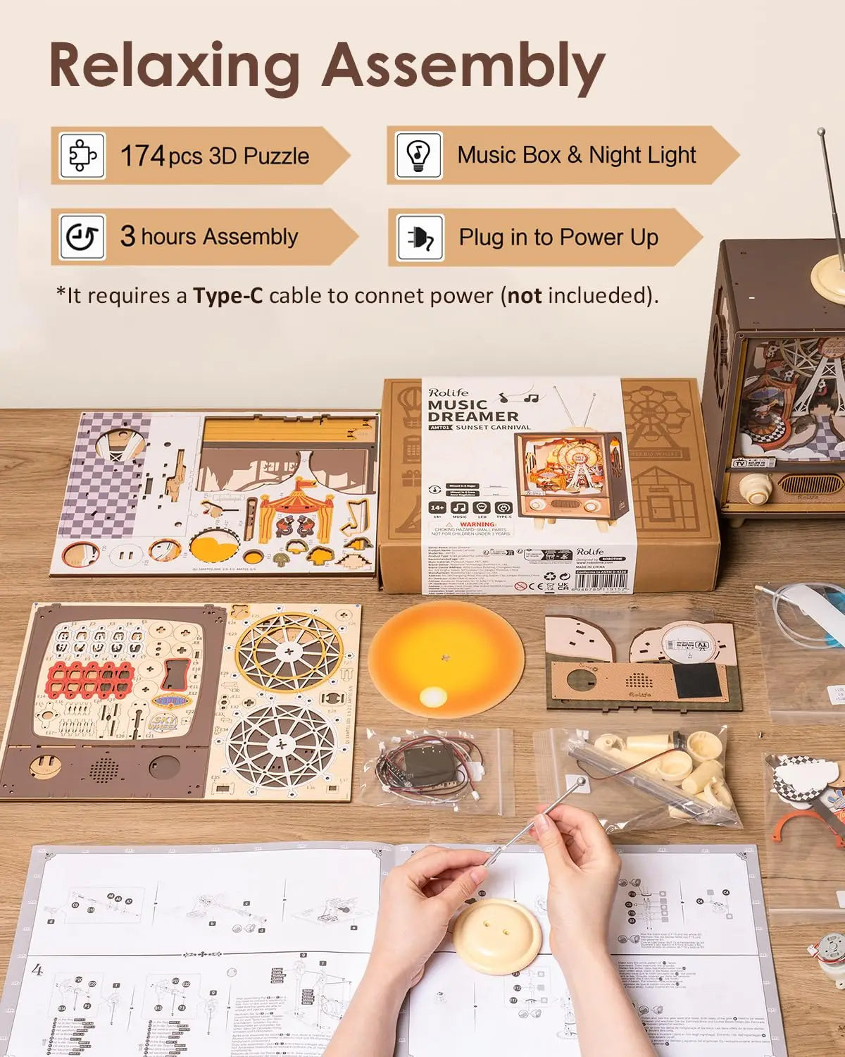Robotime Rolife Sunset Carnival Music Box – 3D Wooden Puzzle Toy with Lights