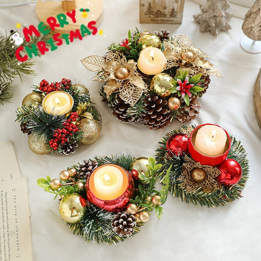 Christmas candle metal candlestick wreath with artificial pinecones and leaves for holiday table decoration