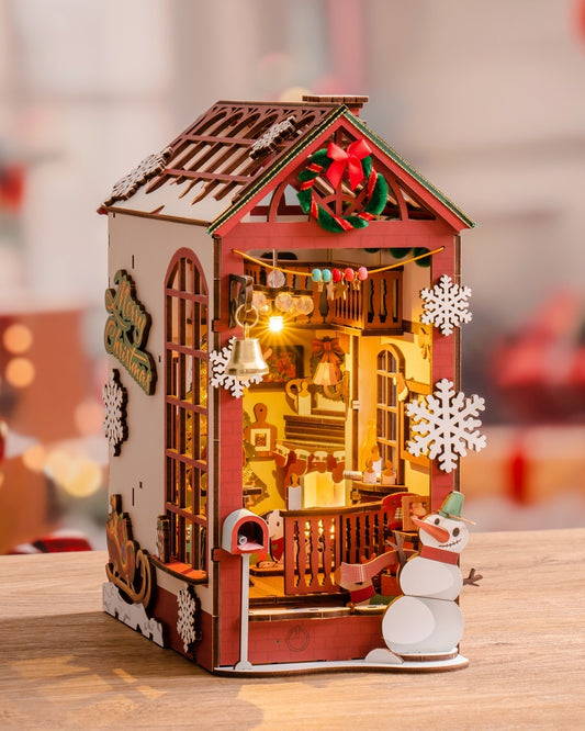ROBOTIME DIY Christmas Dollhouse Wood Kit – Book Nook with LED Lights, Bookshelf Decoration Gift