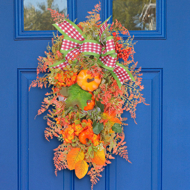 Autumn & Thanksgiving Wreath with Pumpkin Bow – Handmade 50×35cm Door Hanging Decoration | Pixel & Parcel Co.