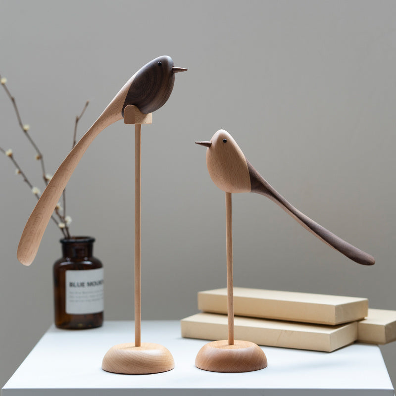 Nordic Solid Wood Bird Decorations – Handmade Wooden Desktop Ornaments