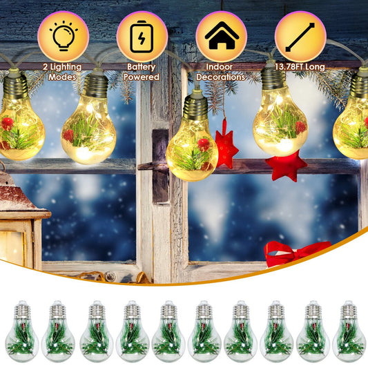13.78FT Christmas Snow Globe String Lights with 10 LED Bulbs, Pine Needles, Snowflakes & Berries – Battery Powered Holiday Décor