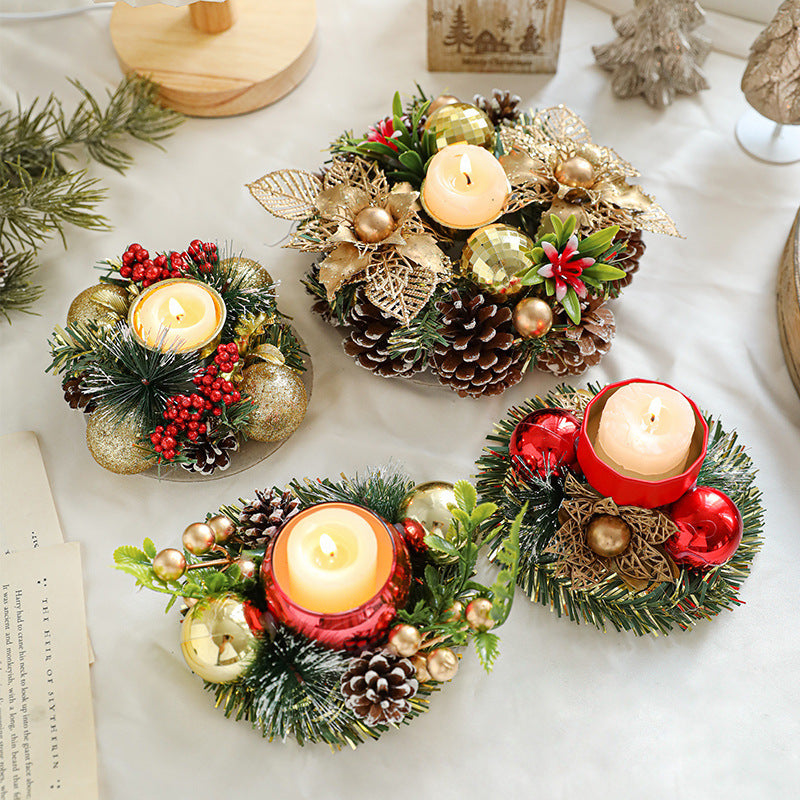 Christmas Candle Metal Candlestick Wreath with Artificial Pinecones & Leaves