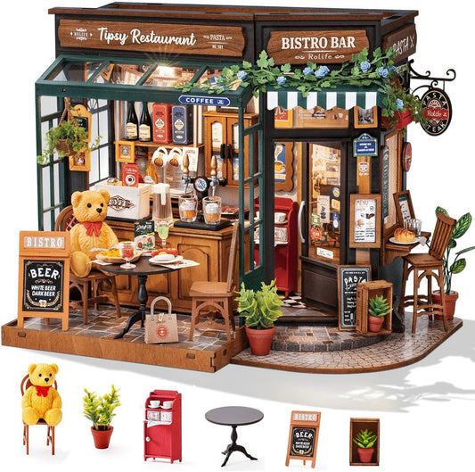 Rolife Tipsy Restaurant DIY miniature house kit fully assembled on a shelf

Hands assembling miniature furniture pieces in a restaurant-themed kit

Close-up of detailed Rolife restaurant miniature with lights and décor

Gift-ready DIY miniature house kit for adults and teens