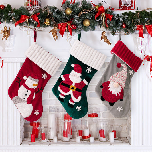 Gold Velvet Patch Christmas Stockings – Santa, Snowman & Dwarf Cloth Holiday Decorations