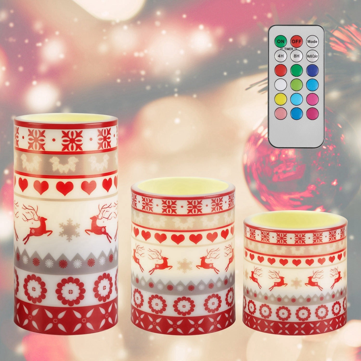 3 pack flameless LED Christmas candles with deer print, flickering pillar lights with timer and remote