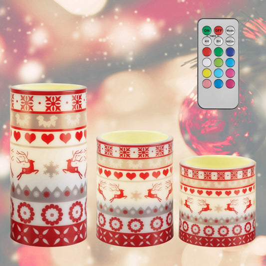 3 pack flameless LED Christmas candles with deer print, flickering pillar lights with timer and remote