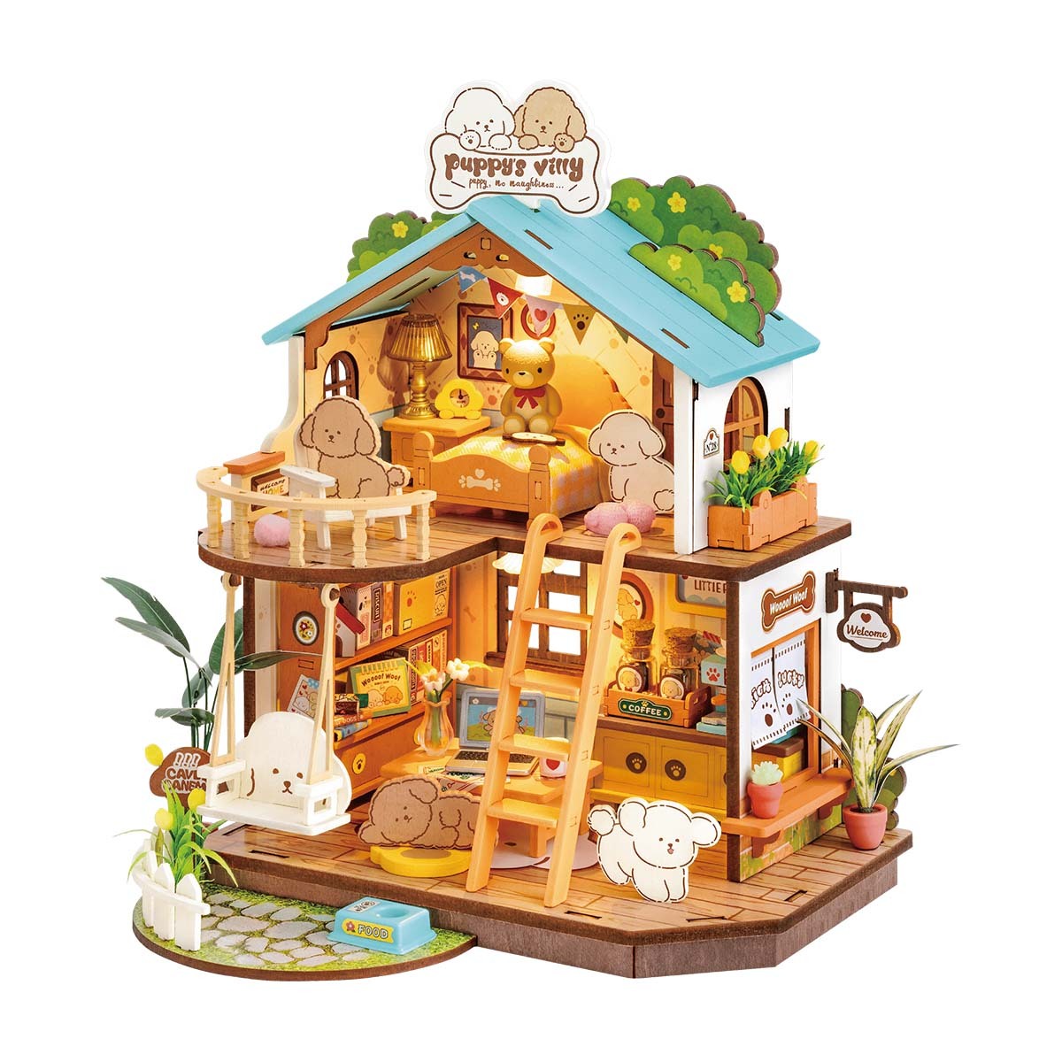 ROBOTIME DIY Miniature Dollhouse Kit – Puppy’s Cozy Villa with LED Lights & Furniture