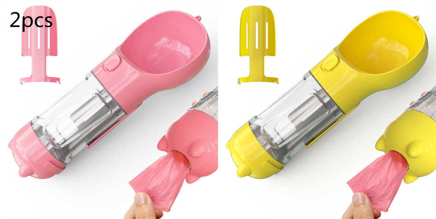 3-in-1 Portable Pet Water Bottle – Feeder Bowl & Garbage Bag Storage for Outdoor Travel