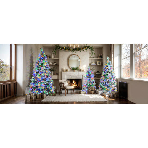 6FT Pre-Lit Snow Flocked Spruce Christmas Tree with Pine Cones – 403 Tips, 250 Multi-Colour LED Lights, 11 Modes | Pixel & Parcel Co.