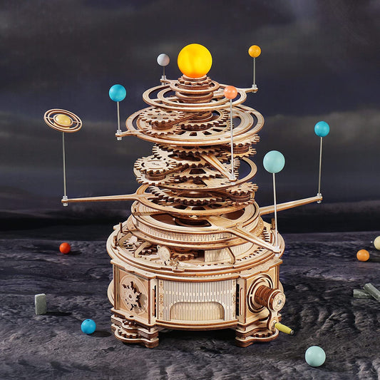 ROKR Mechanical Orrery 3D wooden puzzle assembled and displayed

Hands assembling 316PCS wooden orrery puzzle pieces

Rotatable solar system model puzzle with planets in motion

Educational STEM orrery kit gift for kids, teens, and adults