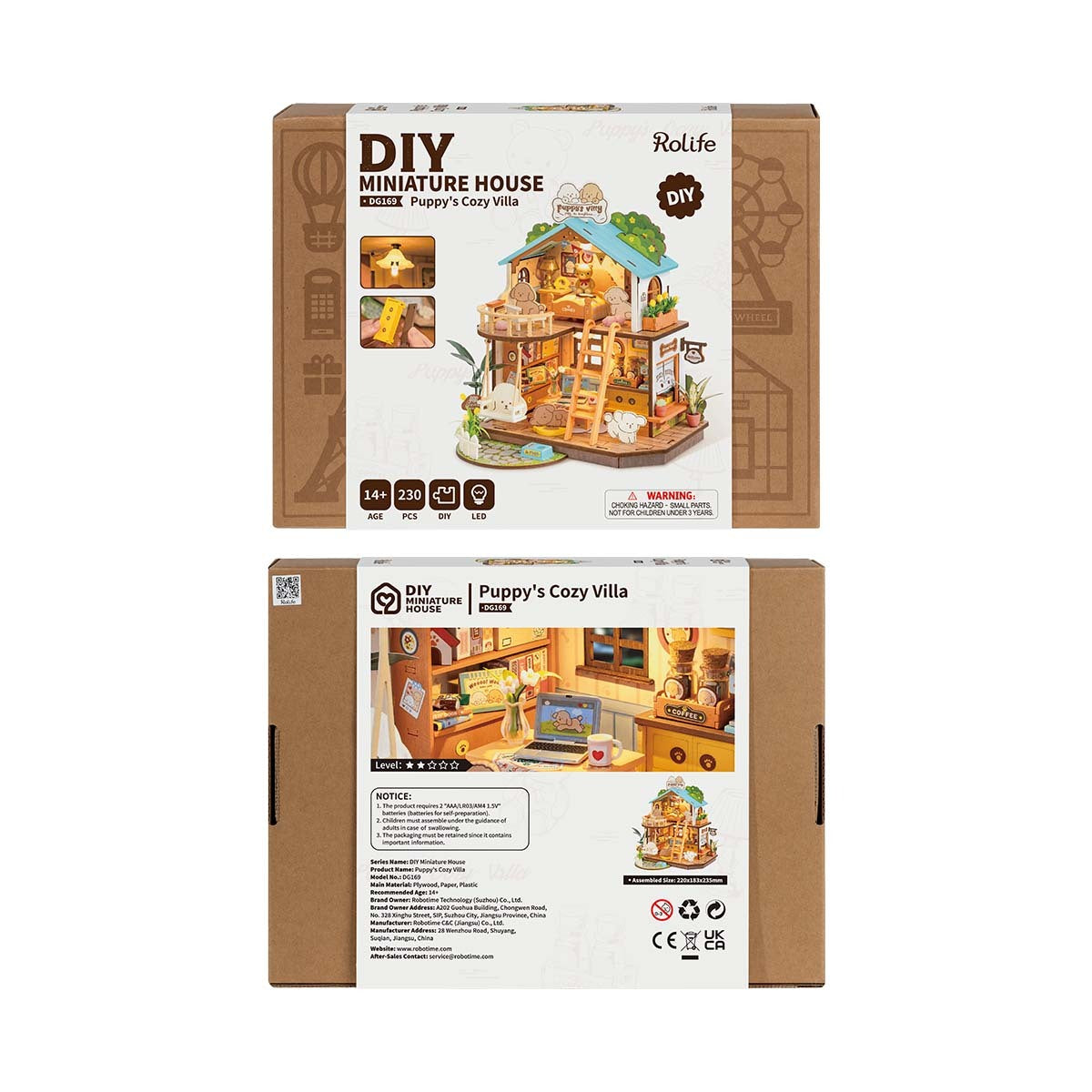 ROBOTIME DIY Miniature Dollhouse Kit – Puppy’s Cozy Villa with LED Lights & Furniture