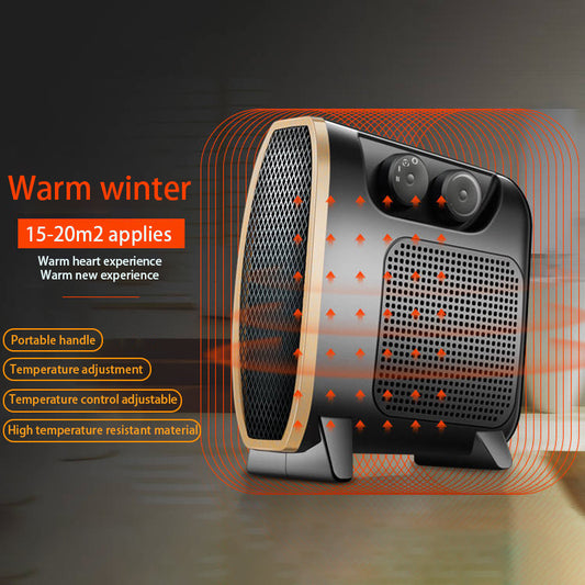 Dual-purpose desktop heater used vertically on a desk (3-gear knob visible)

Compact electric heating-wire heater laid horizontally for spot heating

Close-up of mechanical knob with three heat gears

Black desktop heater with long power cord and “golden outlet” accent