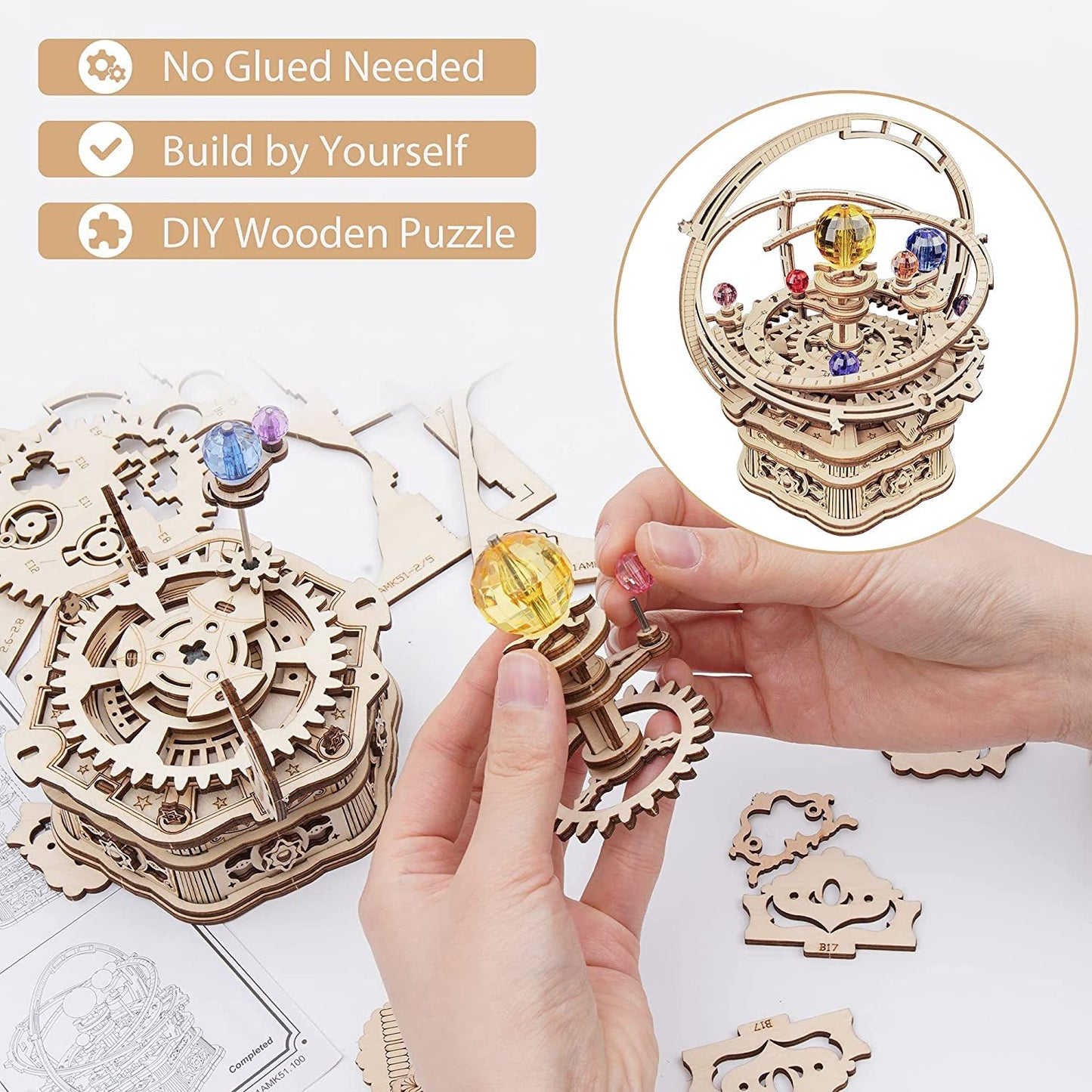 ROKR Rotating Starry Night Mechanical Music Box – 3D Wooden Puzzle Assembly Kit AMK51
