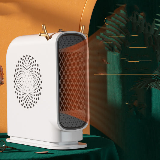 Desktop mini space heater with two heat settings and knob control on a study desk

Compact electric heating-wire heater front view, 220V 50Hz

Portable office/dorm desktop heater with stable base

Close-up of mechanical knob showing 2 heat gears