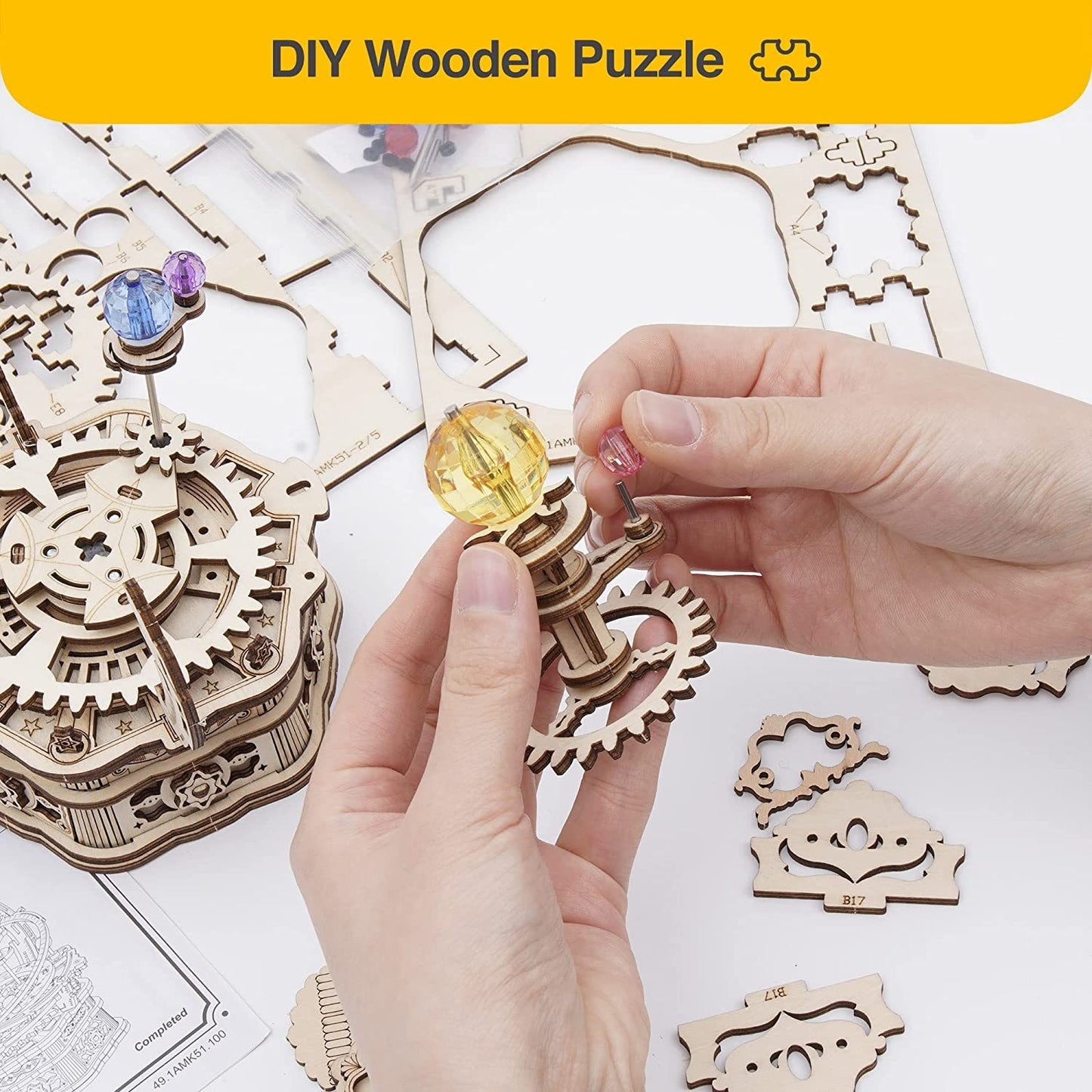 ROKR Rotating Starry Night Mechanical Music Box – 3D Wooden Puzzle Assembly Kit AMK51