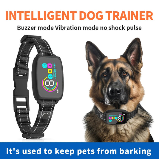 “Smart automatic anti-barking dog collar with HD display, rechargeable battery, and waterproof design”