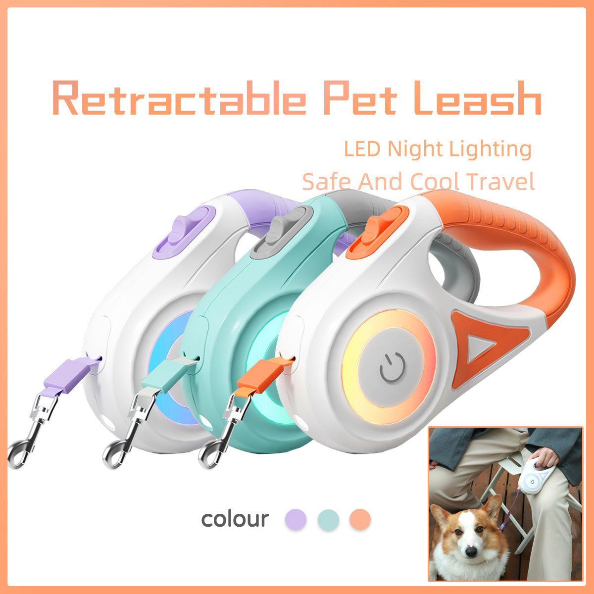 Retractable Dog Leash with Collar – Automatic Pet Traction Rope with Spotlight for Small & Medium Dogs