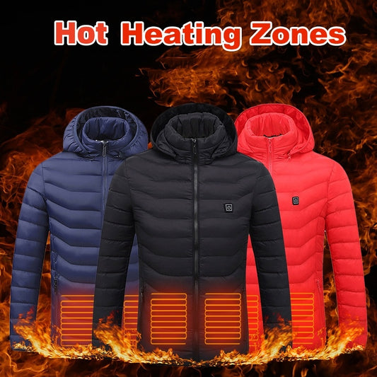 USB heated men’s jacket with cotton coat exterior

Thermal winter heated coat with power bank cable

Close-up of heating vest panels inside men’s jacket

Man wearing USB heated jacket outdoors in cold weather