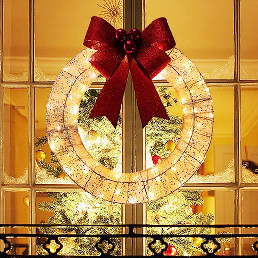 50cm luminous LED Christmas wreath with warm lights and big bowknot for door decoration