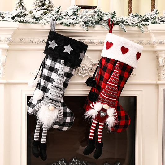 Red & Black Plaid Hanging Feet Christmas Stockings – Plush & Knitted Fabric Cartoon Style
