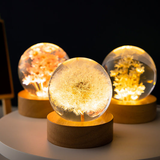 3D Luminous Dandelion Crystal Ball – Wooden Stand | Christmas Gift