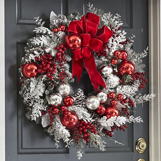 Red Flocking Christmas Wreath & Rattan Garland – Outdoor festive door hanging decoration by Pixel & Parcel Co. UK